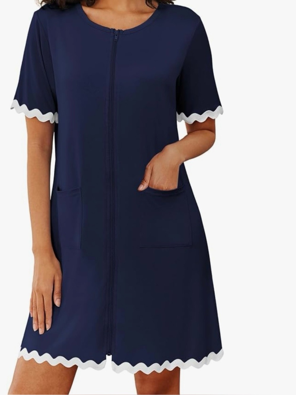 Ekouaer Navy Zip-Front House Dress/Coat with White Scallop Trim
